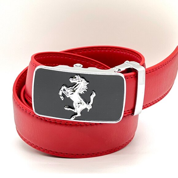 Red Belt Men’s‎ Women Genuine Leather Ratchet Dress Belt With Automatic Buckle - Picture 1 of 2